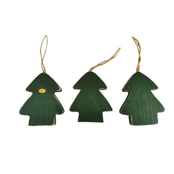 Set Of 3 Rustic Farmhouse Green Wooden Christmas Tree Ornaments W/Twine Hangers - Picture 2 of 6